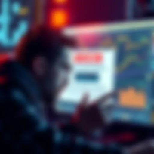 A warning notice about a closed account at Riverbtc Exchange, with a distressed user looking at a computer screen.