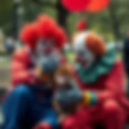 Two clowns disturbing a baby monkey named Punch in a park, causing distress to the animal.