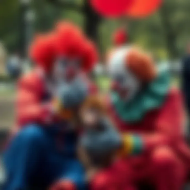 Clowns Harass Baby Monkey Two clowns disturbing a baby monkey named Punch in a park, causing distress to the animal.