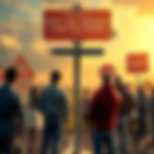 A group of people staring blankly at clear warning signs while standing in front of a crossroads, reflecting confusion and missed cues.