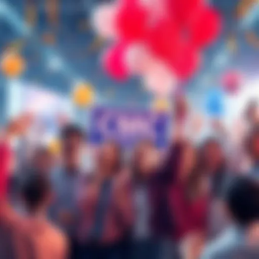 A group of people celebrating CMC's rise to level 23 with smiles and enthusiasm, holding balloons and banners in a festive atmosphere.