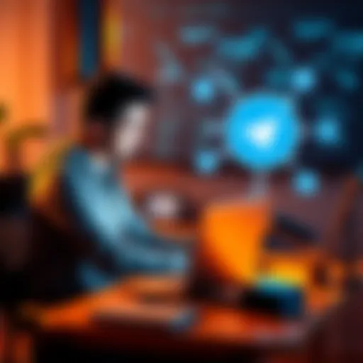 A person sitting at a desk, coding on a laptop, with a Telegram logo and web3 symbols around them.