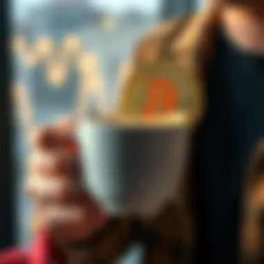 A person holding a coffee cup with a Bitcoin logo next to it, symbolizing everyday purchases with cryptocurrency.