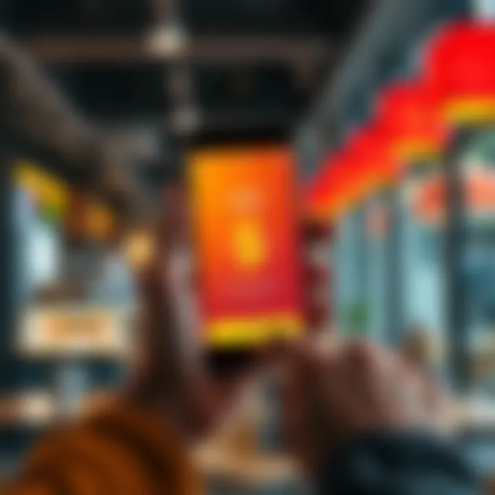 Coffee Payment with $AMP A person holding a smartphone showing a $AMP payment screen while ordering coffee at a café.