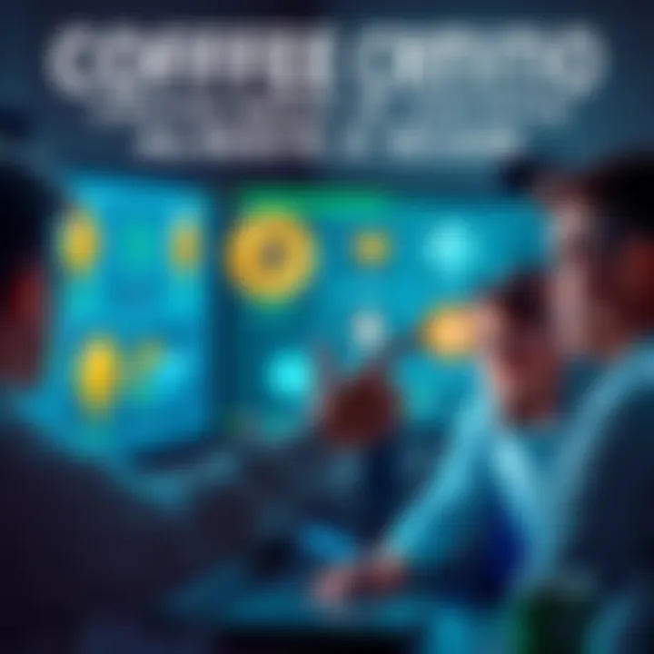 A person pointing at a computer screen showing cryptocurrency logos while others listen with mixed expressions of skepticism and intrigue.