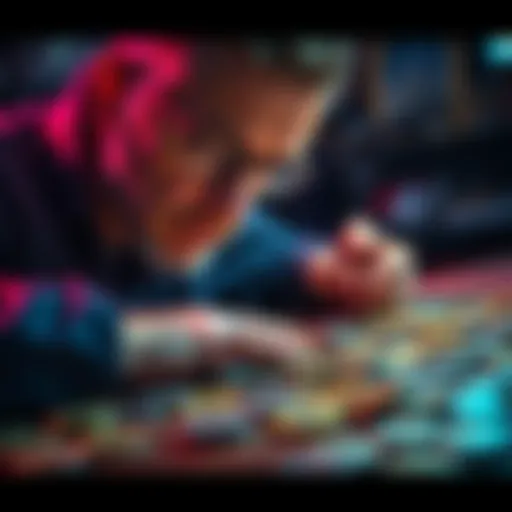 A focused coin collector looking closely at coins laid out on a table, showing concern over their collection progress