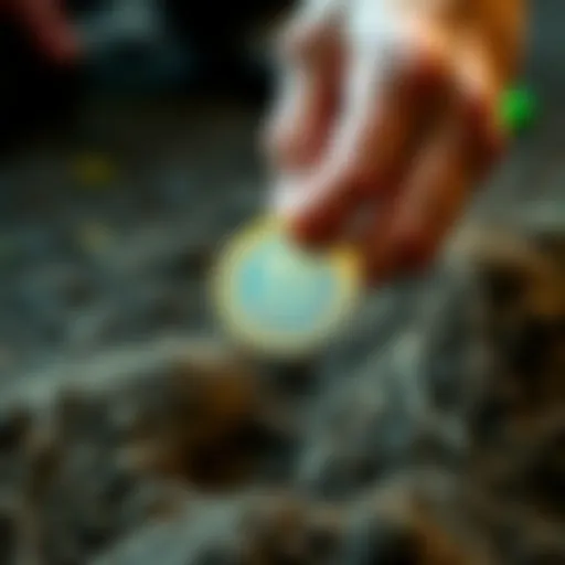 Coin Found in Thailand A person holding a recently discovered coin while digging in the ground in Thailand.
