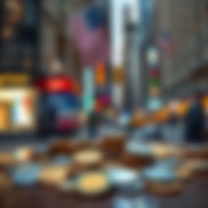 A collection of unique coin replicas displayed on a table in Downtown NYC