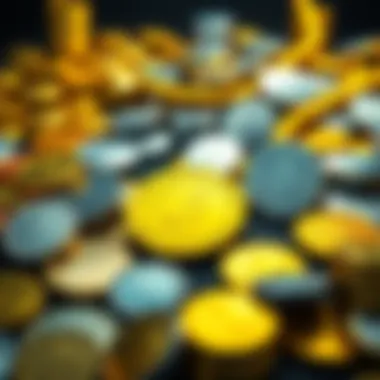 A display of gold, silver, and platinum coins for sale at reduced prices