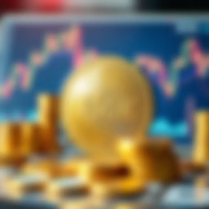 A shiny coin with the value of 150K displayed prominently, surrounded by market charts and investment symbols.