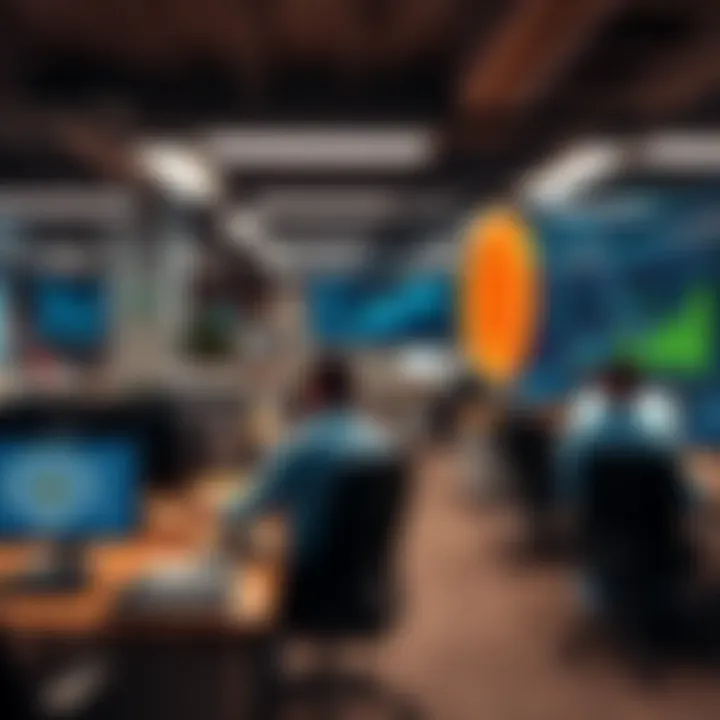Coinbase office with a focus on AI A Coinbase office with employees working and AI technology visuals around, highlighting the company's shift towards artificial intelligence after layoffs.