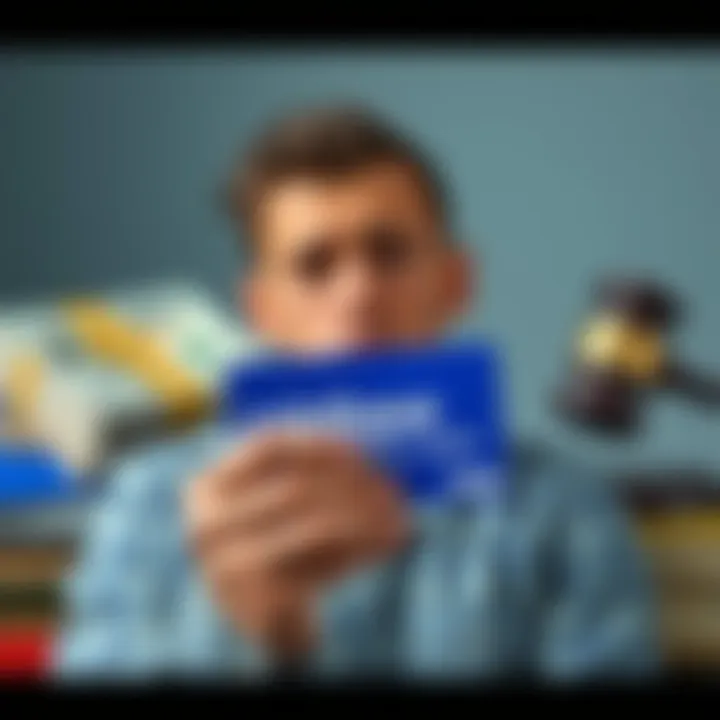 A person holding a Coinbase debit card looking frustrated, with a stack of bills and a gavel symbolizing legal action in the background.