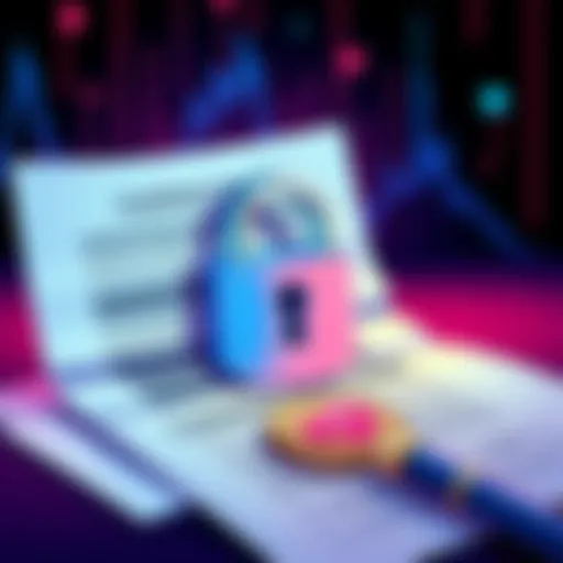 A graphic showing legal documents and a broken lock symbolizing data breaches at Coinbase