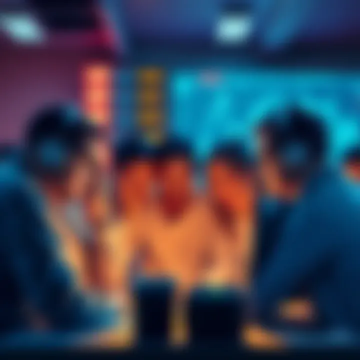 A group of worried Coinbase users discussing redemption delays in front of a computer