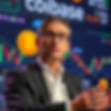 A Coinbase Chief Legal Officer speaking at a conference about stablecoin yield agreements, with a backdrop of financial charts and crypto symbols.