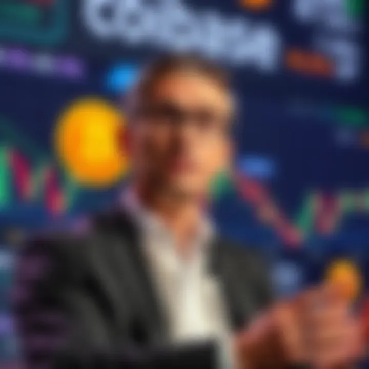 A Coinbase Chief Legal Officer speaking at a conference about stablecoin yield agreements, with a backdrop of financial charts and crypto symbols.