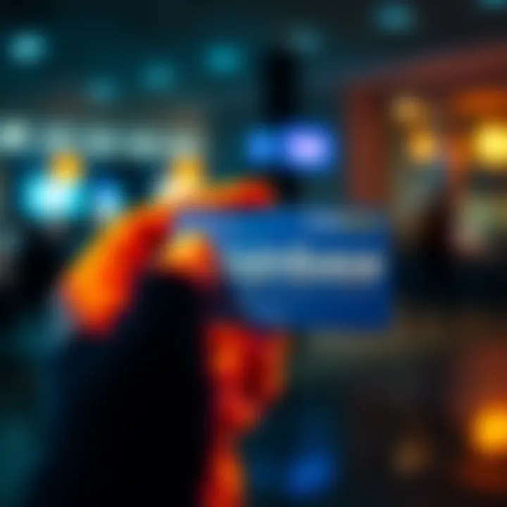 A close-up of a person's hand holding a Coinbase credit card with the logo visible, showing excitement about the new payment method.
