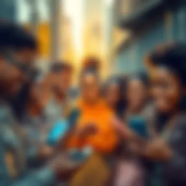 A group of diverse New Yorkers receiving cryptocurrency on their phones with smiles