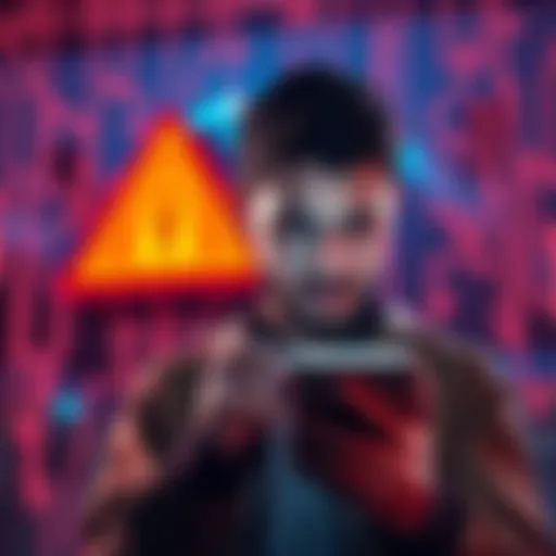 A person looking concerned while checking their phone, with a digital security warning symbol in the background, highlighting the risk of data leaks