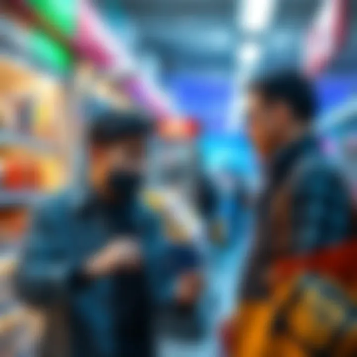 A frustrated person trying to use a Coinbase debit card at a store checkout but facing rejection, with a merchant looking confused.