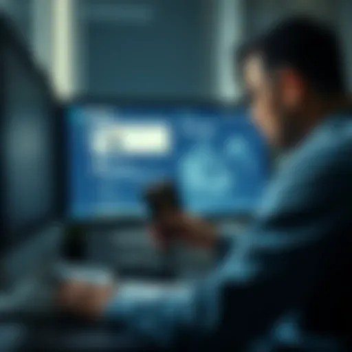 A frustrated person looking at a computer screen showing a locked Coinbase account, holding a passport and documents in hand