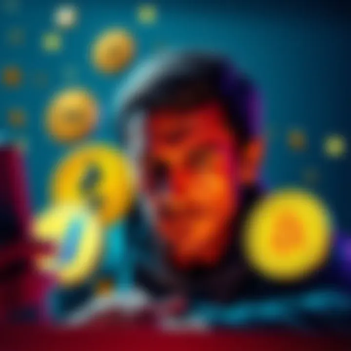 A distressed Coinbase user looking at their account while surrounded by Thoreum and BNB icons