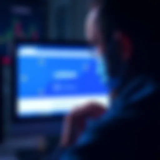 A worried person looking at a computer screen displaying a Coinbase login page with warning signs
