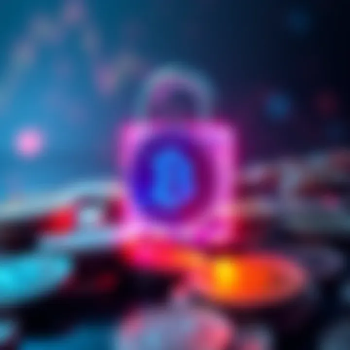 A graphic showing a digital lock over cryptocurrency coins symbolizing Coinbase's security measures.