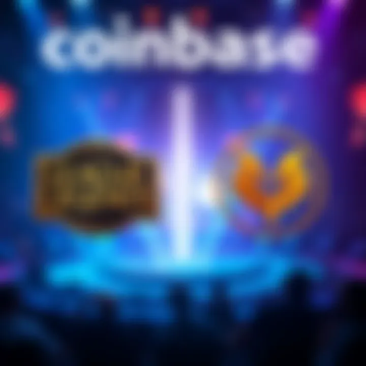 Coinbase logo displayed alongside 'League of Legends' and 'Valorant' logos, representing their sponsorship in esports