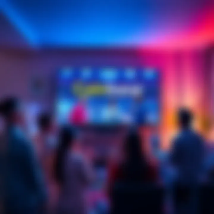 A vibrant scene showing Coinbase's Super Bowl ad on a TV screen, with people reacting in a living room setting. Some look surprised while others are discussing the ad.
