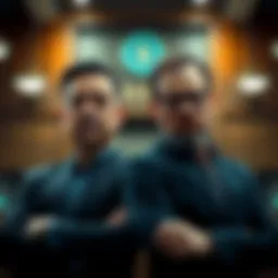 Coinkite's CEO and CTO face legal issues over Bitcoin theft allegations, with a courtroom background and serious expressions