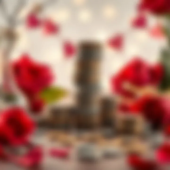 A pile of coins next to red roses and heart-shaped decorations, symbolizing the balance of saving money and celebrating love on Valentine's Day.
