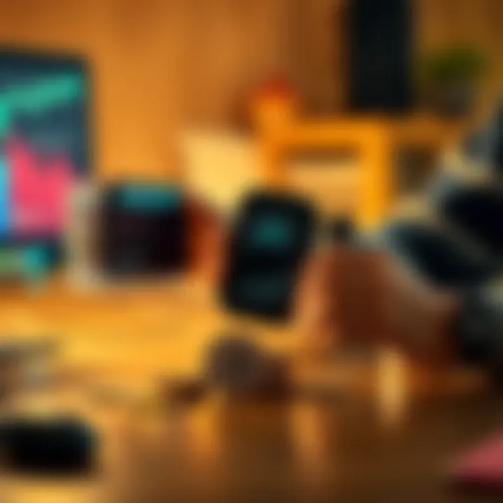 A person holding a Trezor and Ledger cold storage wallet with a computer and cryptocurrency coins on the table