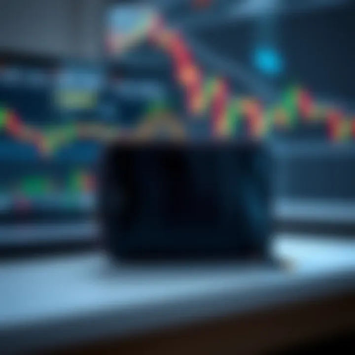 Cold Wallet for Cryptocurrency A cold wallet device used for securely storing cryptocurrencies, placed on a desk with a laptop and financial charts in the background