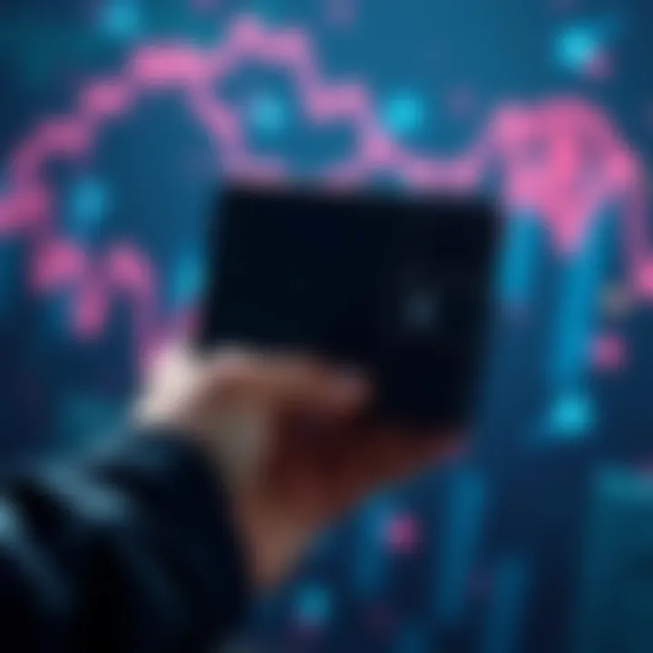 A person holding a cold wallet device with cryptocurrency graphics in the background
