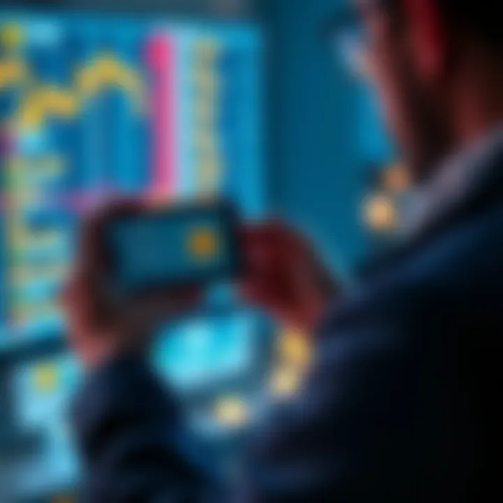 A person holding a cold wallet device while looking at a computer screen showing cryptocurrency data, symbolizing security in digital asset management.