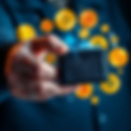A person holding a cold storage wallet with Bitcoin symbols around it, showing safe investment transfer options,