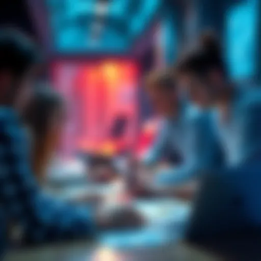 Group of people collaborating on a research project with laptops and papers on a table