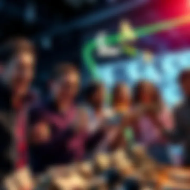 A group of people excitedly counting and sharing their Atlas Bucks, aiming for a financial milestone together.