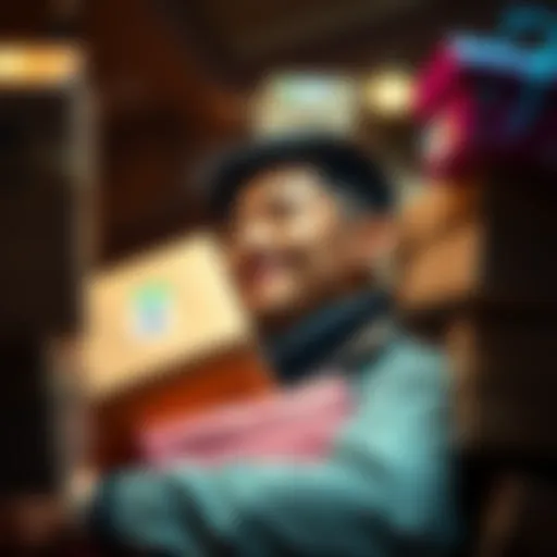 A person surrounded by parcels, reflecting on their first dollar made, smiling with excitement.