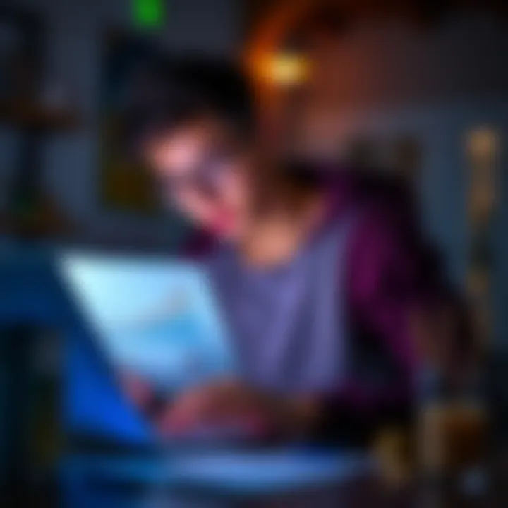 A young person analyzing their paycheck while looking at cryptocurrency graphs on a laptop.