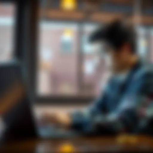 A college student looking at a Bitcoin chart on a laptop with a worried expression, contemplating his financial future.