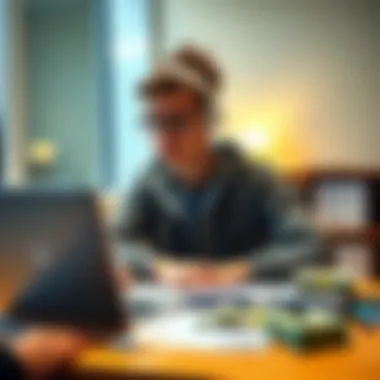 A college student sitting at a desk with a laptop, looking thoughtful while reviewing financial documents and a small pile of cash, symbolizing the decision-making process for managing a large unexpec...