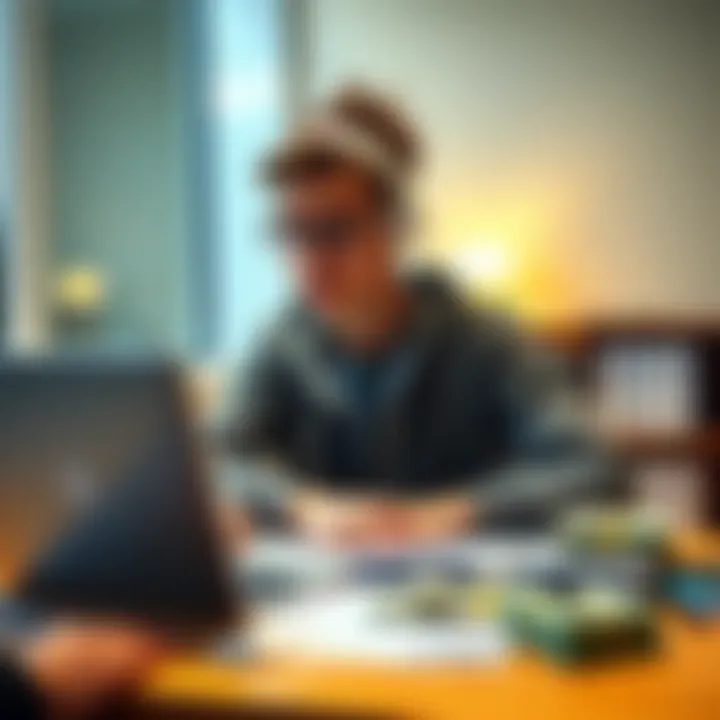 College student considering financial options A college student sitting at a desk with a laptop, looking thoughtful while reviewing financial documents and a small pile of cash, symbolizing the decision-making process for managing a large unexpec...