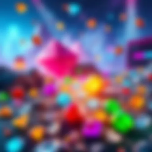 Brightly colored diamonds scattered in a vibrant game landscape, showcasing various power-ups and rewards.
