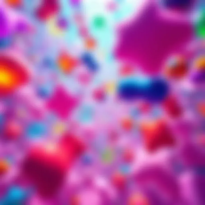 Vivid, abstract shapes and colors create a surreal atmosphere, suggesting a dreamlike experience.