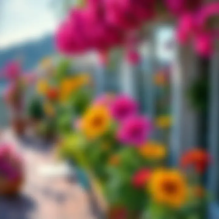 Bright, blooming flowers in a terrace garden during morning light