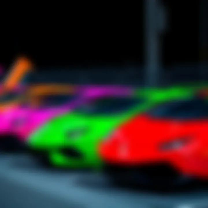 A lineup of Lamborghinis in fluro-red, hot pink, and black colors parked together, showcasing vibrant choices for car enthusiasts.