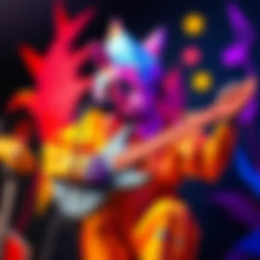 A vibrant origami musician with colorful textures playing a guitar, surrounded by art elements.