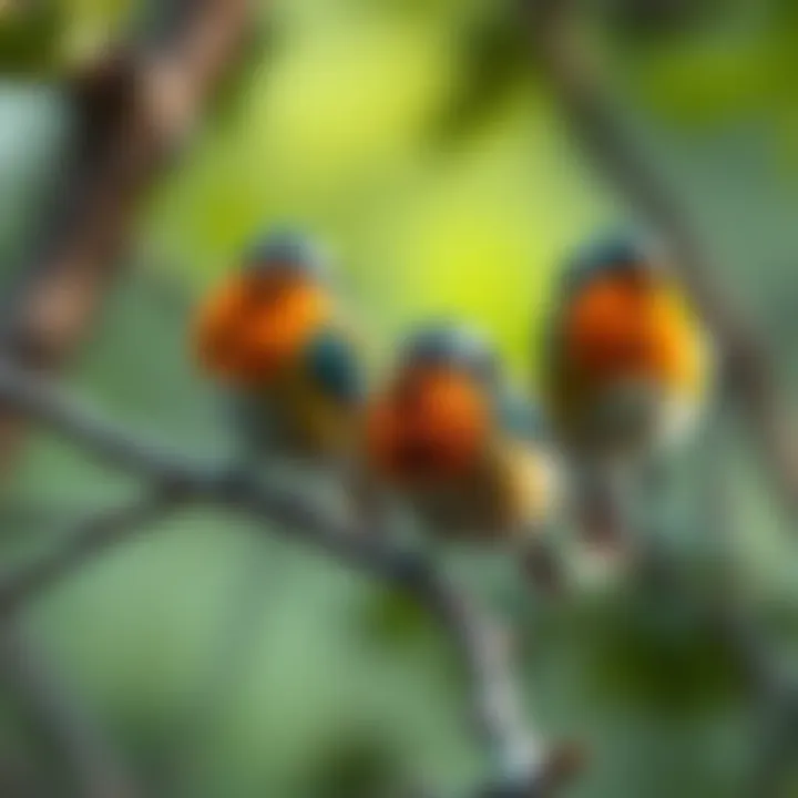 Colorful tits perched on a branch A group of colorful tits sitting on a tree branch, showcasing their vibrant feathers in a natural setting.